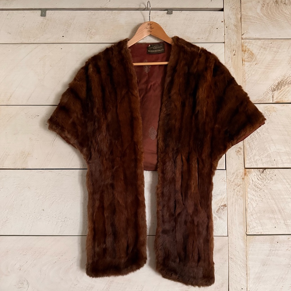 Bloomingdales vintage 1950s brown fur shawl jacket cape bolero wrap stole
